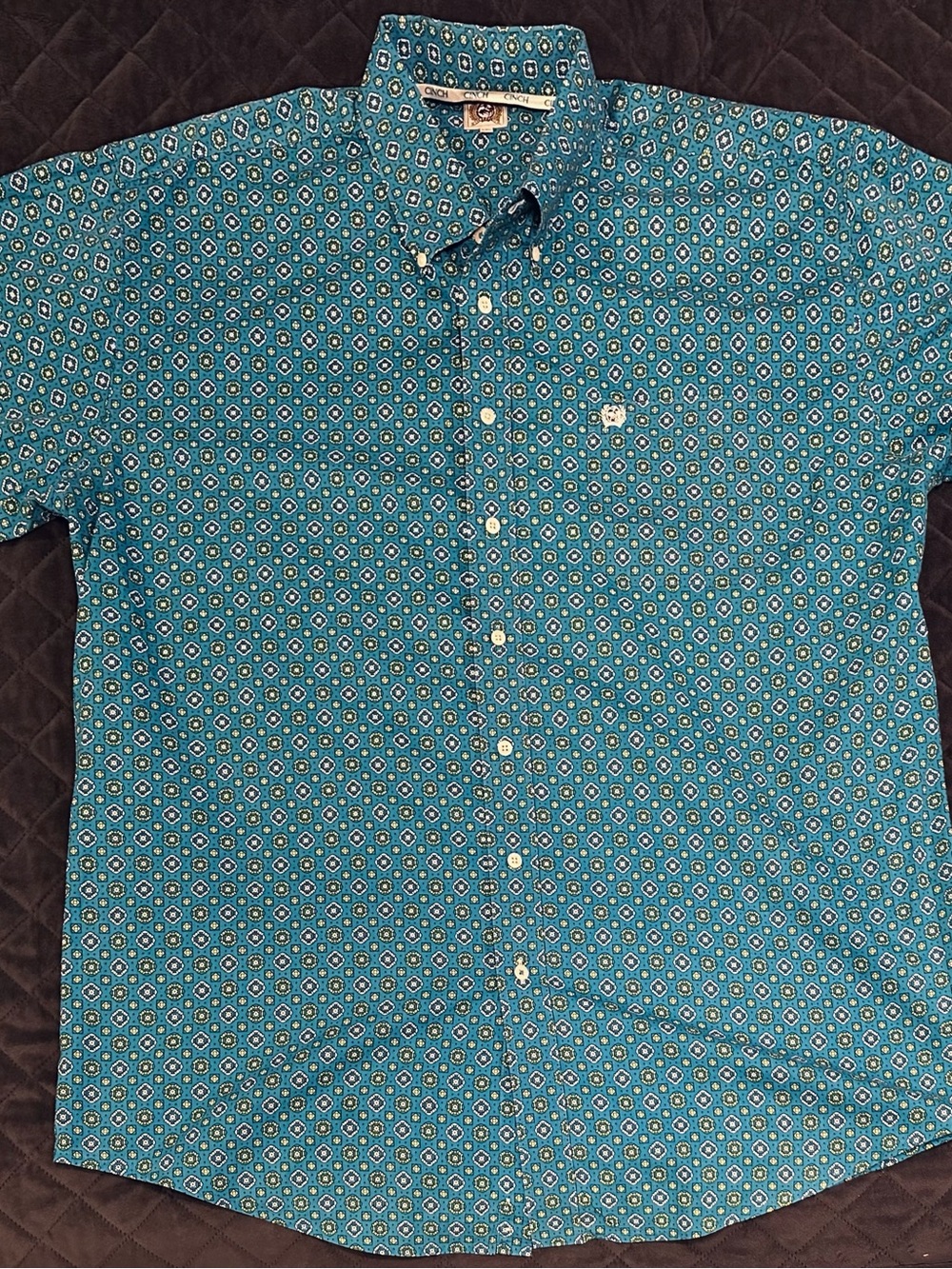 Cinch Teal Geometric Print Button-Down Shirt